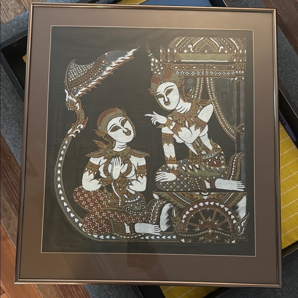 Large Traditional Thai Art Silk Print in Brown Brass with glass frame